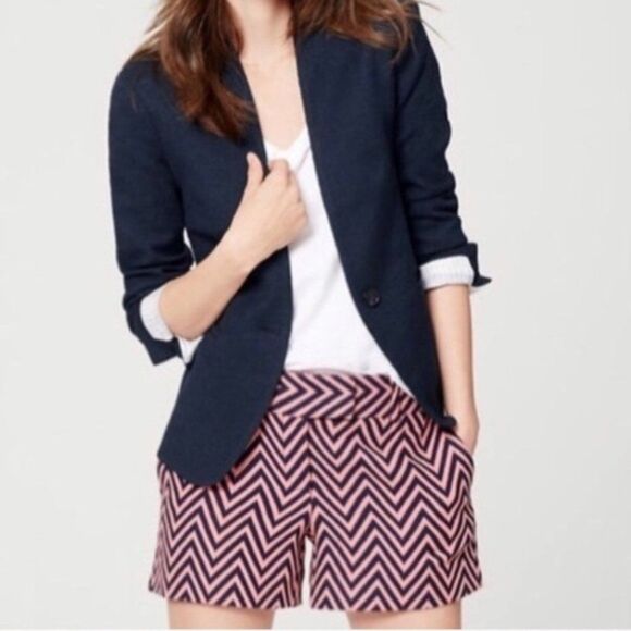 Ann Taylor LOFT Shorts Womens 4 Pink Blue Riviera Knit Zig Zag Flat Front Cotton - Picture 2 of 14